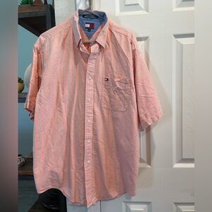 Tommy Hilfiger Button down Short Sleeve Peach Gray Stripes casual pocket shirt L